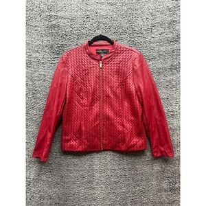 Colleen Lopez Woven Faux‎ Leather Full-Zip Bomber Jacket Red Womens Size L